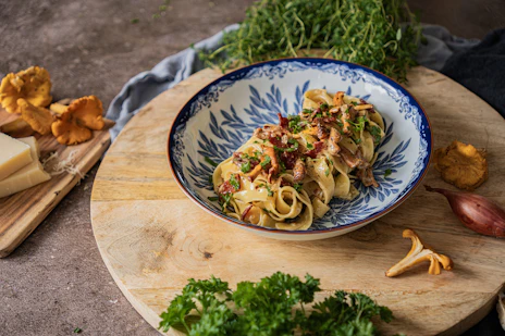 Kantarellpasta med kalkunbacon